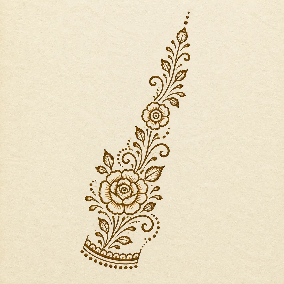 Easy front hand mehndi rose trail template with wrist curve leaves and dotted accents
